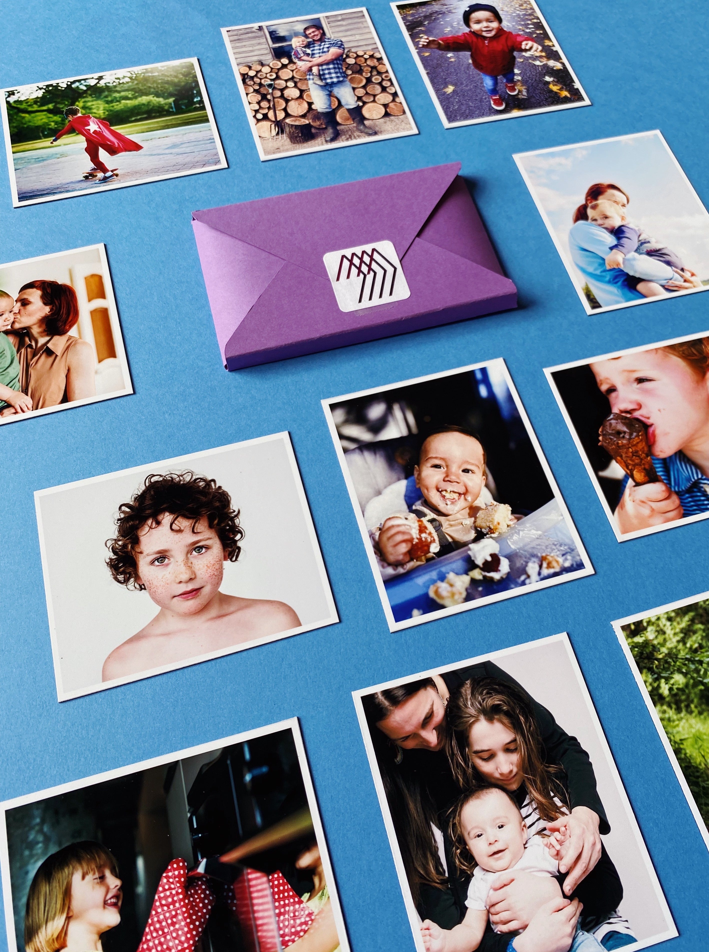 Square photo magnets handmade by Magnetic Love, showing family and childhood moments on a blue background